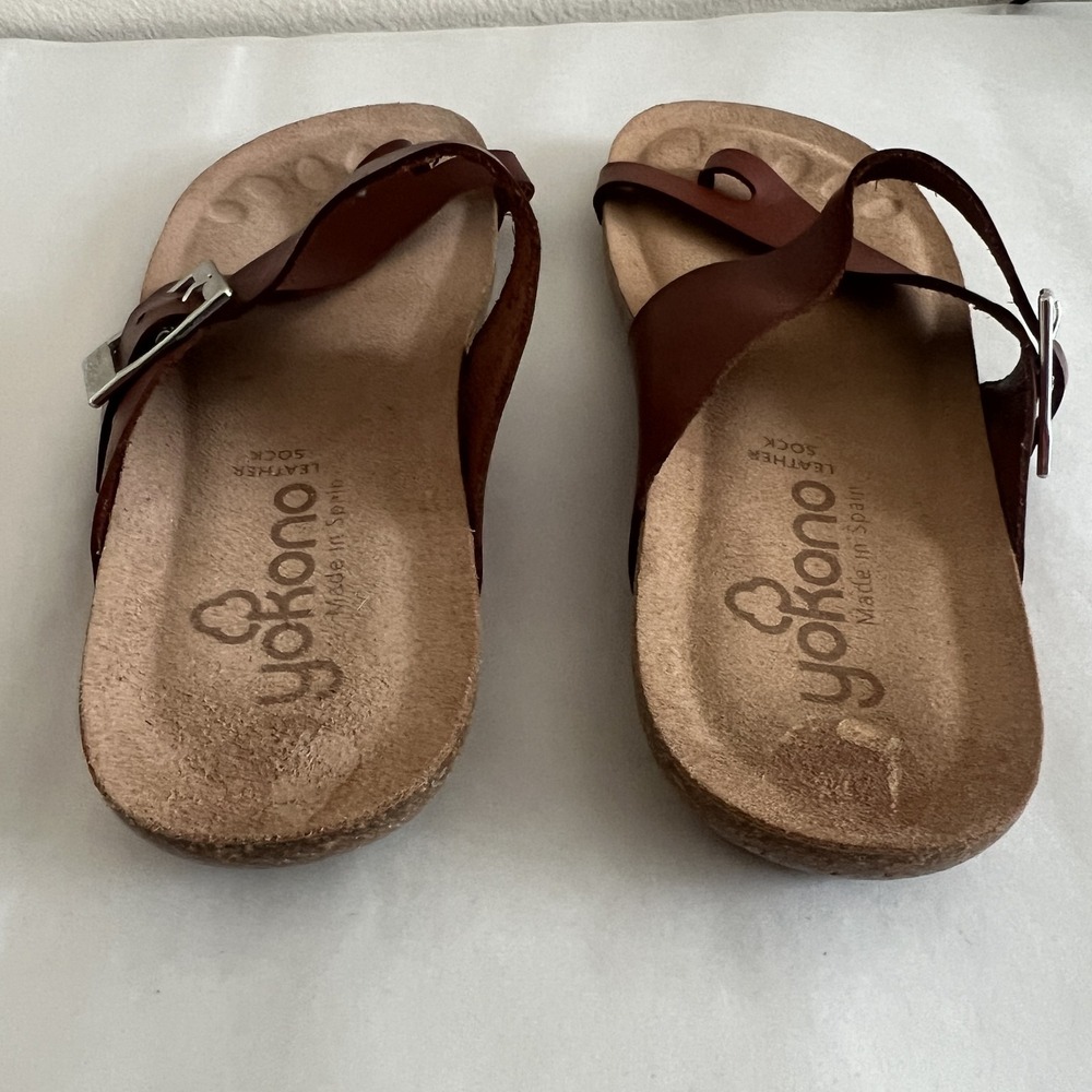 Yokono Comfort Sandals Womens 9 Brown Leather Toe Loop Spain Cork Buckle - Picture 4 of 10
